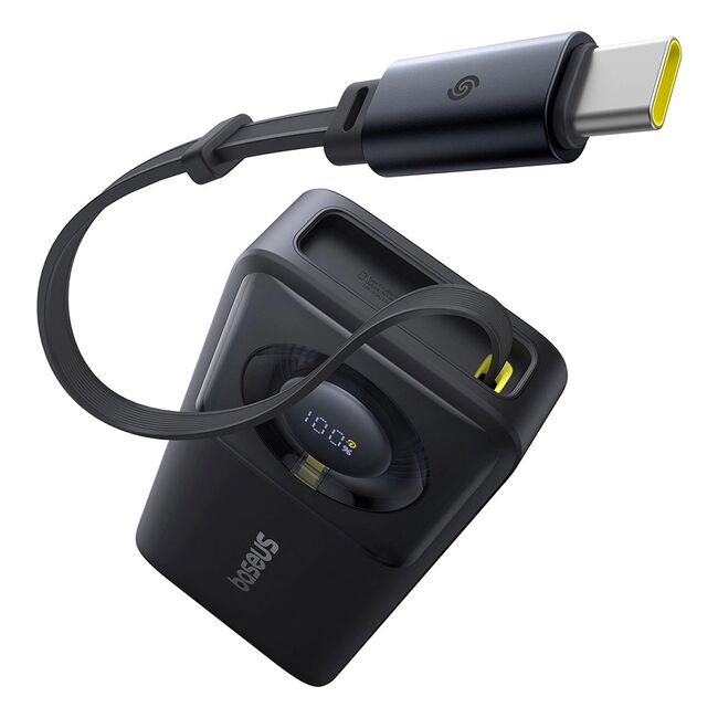 Power Bank 10000mAh, 30W, Cablu Incorporat Type-C - Baseus Free2Pull - Negru