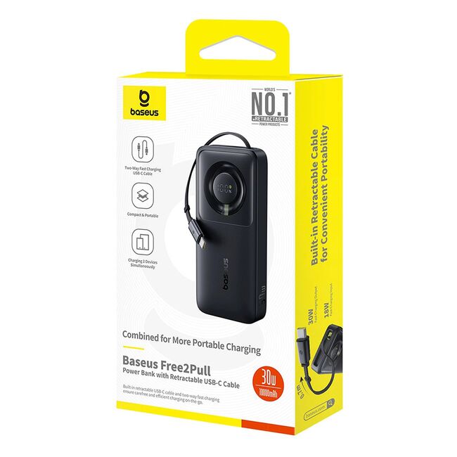 Power Bank 10000mAh, 30W, Cablu Incorporat Type-C - Baseus Free2Pull - Negru