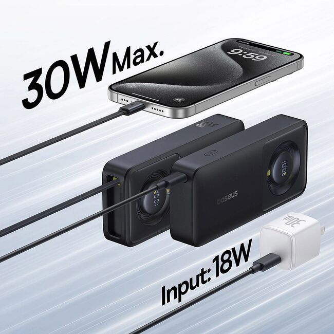 Power Bank 10000mAh, 30W, Cablu Incorporat Type-C - Baseus Free2Pull - Negru