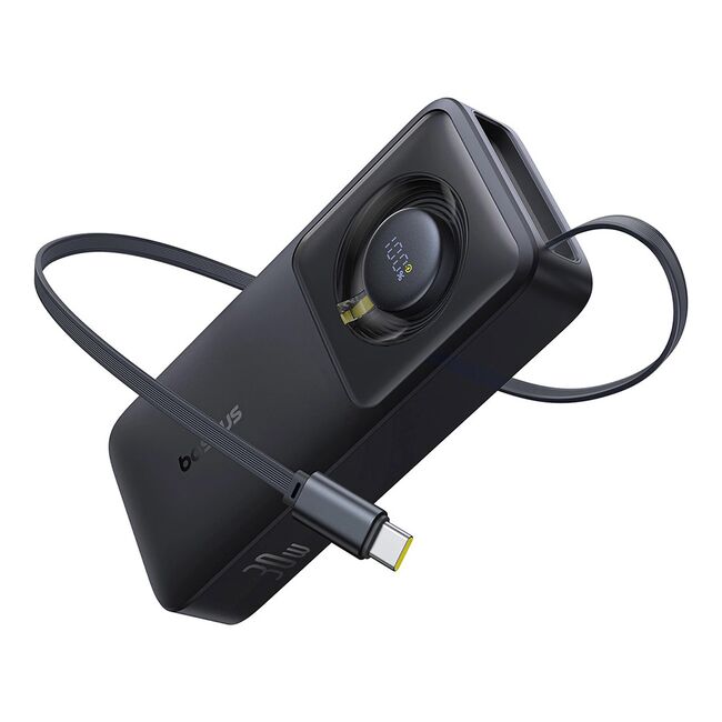 Power Bank 10000mAh, 30W, Cablu Incorporat Type-C - Baseus Free2Pull - Negru