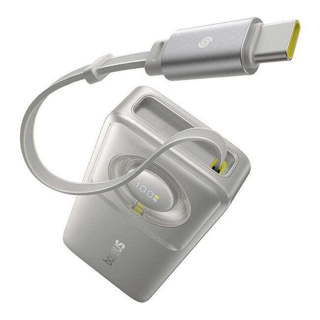 Power Bank 10000mAh, 30W, Cablu Incorporat Type-C - Baseus Free2Pull - Gri