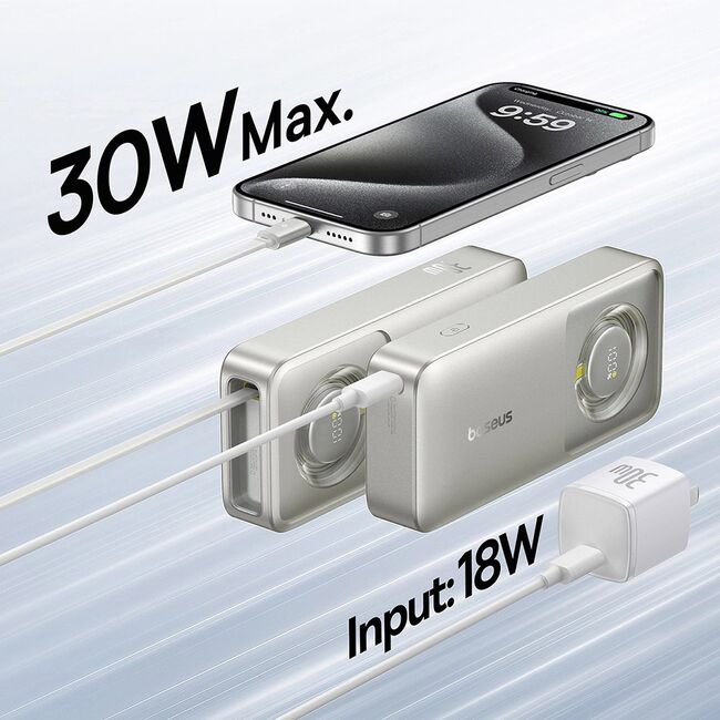 Power Bank 10000mAh, 30W, Cablu Incorporat Type-C - Baseus Free2Pull - Gri