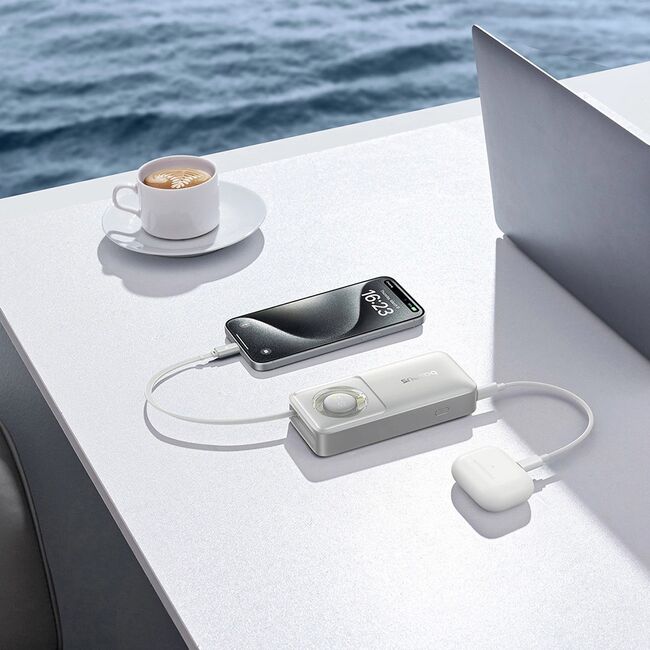 Power Bank 10000mAh, 30W, Cablu Incorporat Type-C - Baseus Free2Pull - Gri