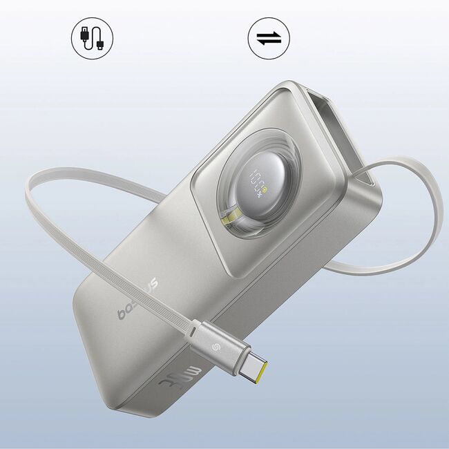 Power Bank 10000mAh, 30W, Cablu Incorporat Type-C - Baseus Free2Pull - Gri
