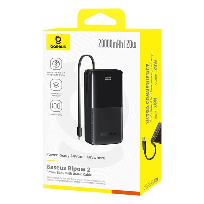 Power Bank 20000mAh, 20W, Cablu Incorporat Type-C - Baseus Bipow 2 - Negru