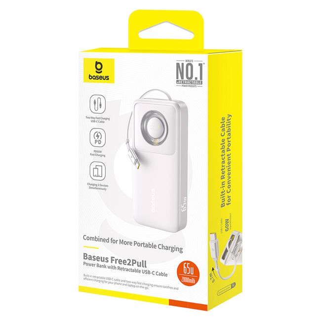 Power Bank 20000mAh, 65W, Cablu Incorporat Type-C - Baseus Free2Pull - Gri