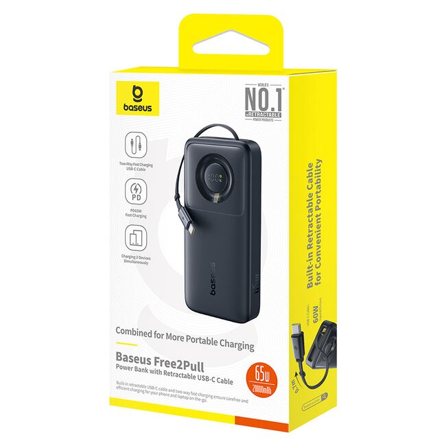 Power Bank 20000mAh, 65W, Cablu Incorporat Type-C - Baseus Free2Pull - Negru