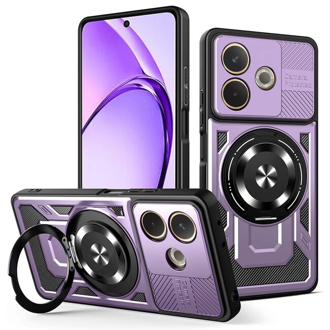 Husa pentru  Oppo A5 Pro 5G TitanX HaloStand Pro cu Inel Pivotant Magnetic 360° & Kickstand, Textura Carbon, protectie lentile - Mov