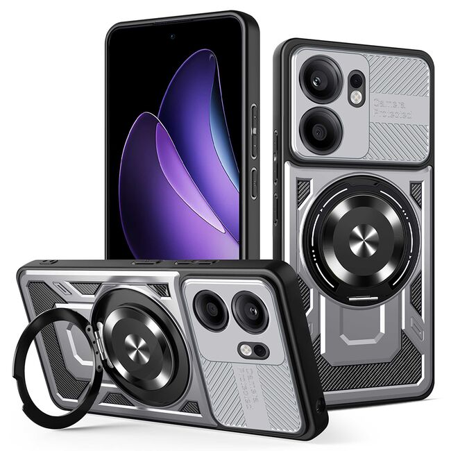 Husa pentru  Oppo Reno 13F, 13FS 4G, 5G TitanX HaloStand Pro cu Inel Pivotant Magnetic 360° & Kickstand, Textura Carbon, protectie lentile - Gri