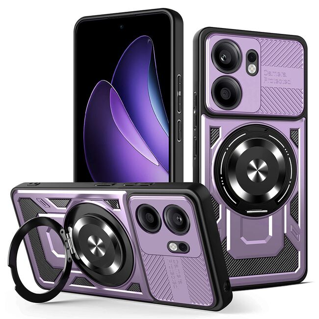 Husa pentru  Oppo Reno 13F, 13FS 4G, 5G TitanX HaloStand Pro cu Inel Pivotant Magnetic 360° & Kickstand, Textura Carbon, protectie lentile - Mov