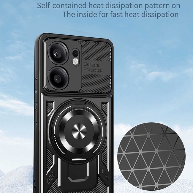 Husa pentru  Oppo Reno 13F, 13FS 4G, 5G TitanX HaloStand Pro cu Inel Pivotant Magnetic 360° & Kickstand, Textura Carbon, protectie lentile - Negru