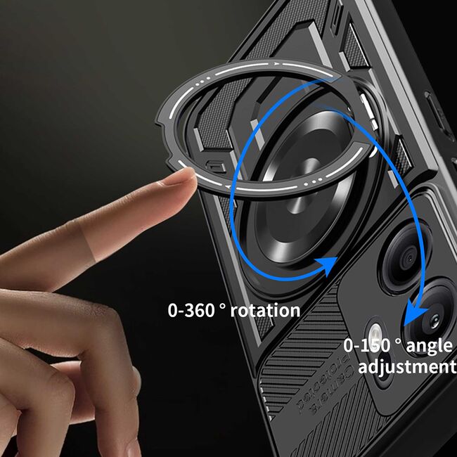 Husa pentru  Oppo Reno 13F, 13FS 4G, 5G TitanX HaloStand Pro cu Inel Pivotant Magnetic 360° & Kickstand, Textura Carbon, protectie lentile - Negru