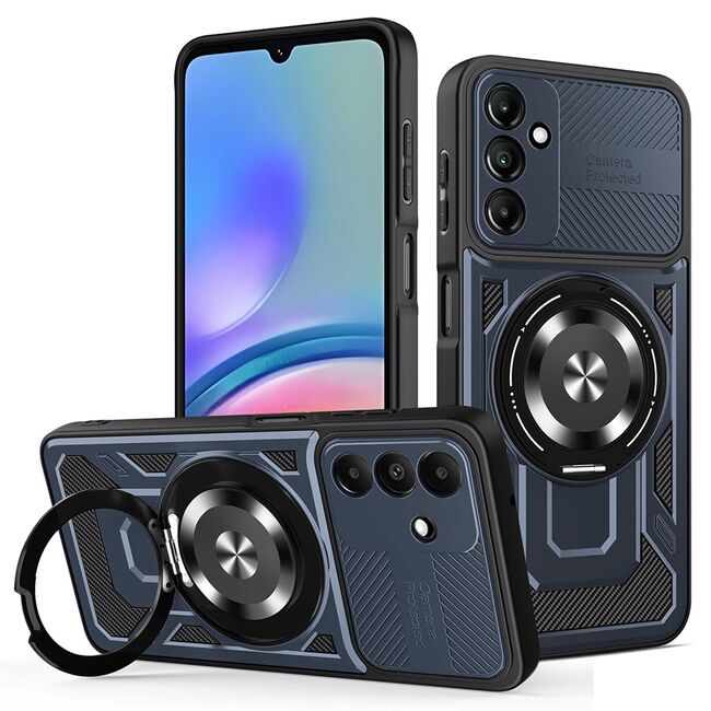 Husa pentru  Samsung Galaxy A05s TitanX HaloStand Pro cu Inel Pivotant Magnetic 360° & Kickstand, Textura Carbon, protectie lentile - Albastru