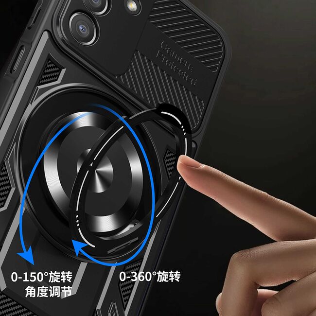 Husa pentru  Samsung Galaxy A05s TitanX HaloStand Pro cu Inel Pivotant Magnetic 360° & Kickstand, Textura Carbon, protectie lentile - Albastru