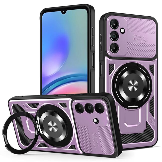 Husa pentru  Samsung Galaxy A05s TitanX HaloStand Pro cu Inel Pivotant Magnetic 360° & Kickstand, Textura Carbon, protectie lentile - Mov