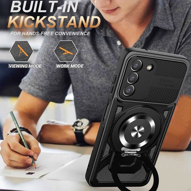 Husa pentru  Samsung Galaxy A05s TitanX HaloStand Pro cu Inel Pivotant Magnetic 360° & Kickstand, Textura Carbon, protectie lentile - Mov