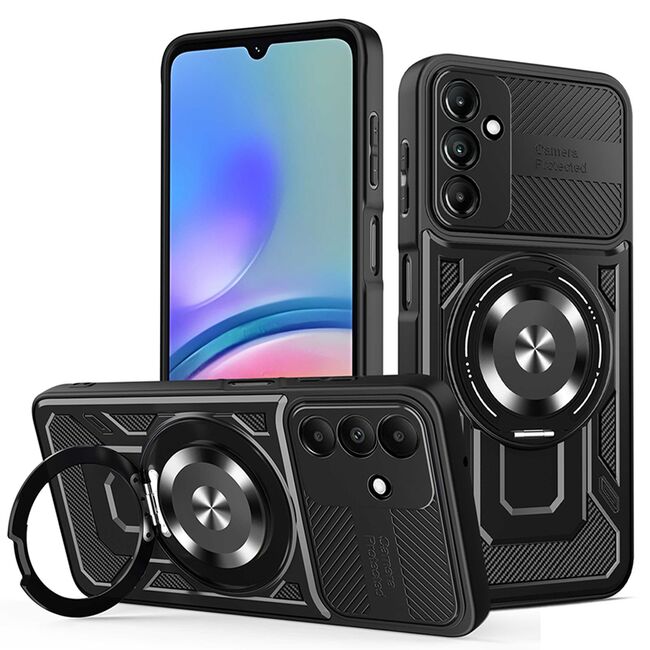 Husa pentru  Samsung Galaxy A05s TitanX HaloStand Pro cu Inel Pivotant Magnetic 360° & Kickstand, Textura Carbon, protectie lentile - Negru