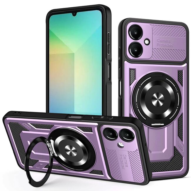 Husa pentru  Samsung Galaxy A06 TitanX HaloStand Pro cu Inel Pivotant Magnetic 360° & Kickstand, Textura Carbon, protectie lentile - Mov