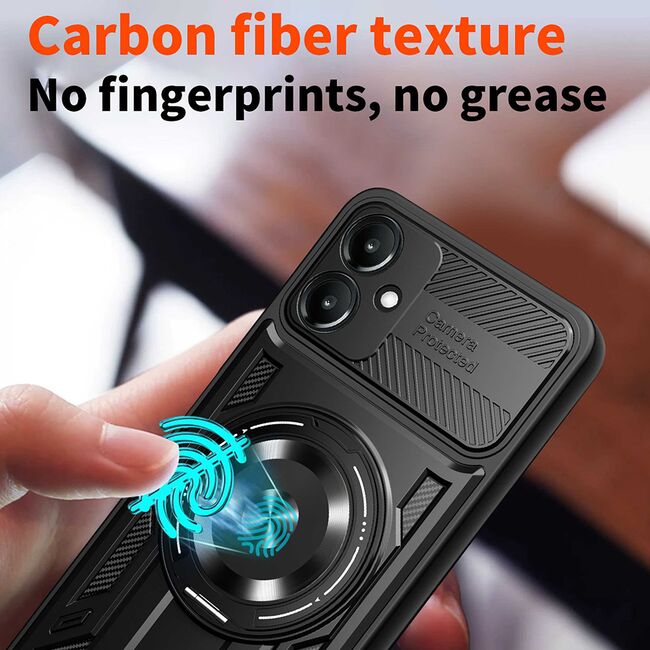 Husa pentru  Samsung Galaxy A06 TitanX HaloStand Pro cu Inel Pivotant Magnetic 360° & Kickstand, Textura Carbon, protectie lentile - Mov