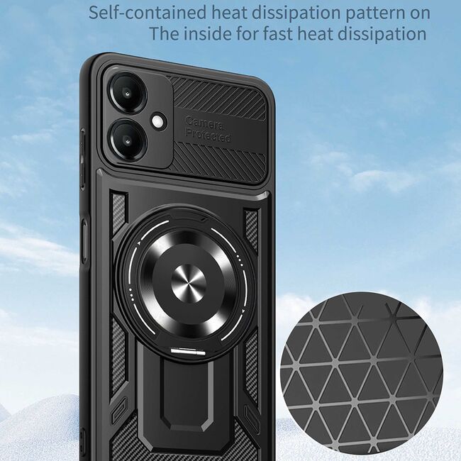 Husa pentru  Samsung Galaxy A06 TitanX HaloStand Pro cu Inel Pivotant Magnetic 360° & Kickstand, Textura Carbon, protectie lentile - Mov