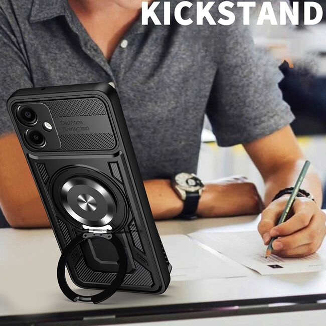 Husa pentru  Samsung Galaxy A06 TitanX HaloStand Pro cu Inel Pivotant Magnetic 360° & Kickstand, Textura Carbon, protectie lentile - Mov