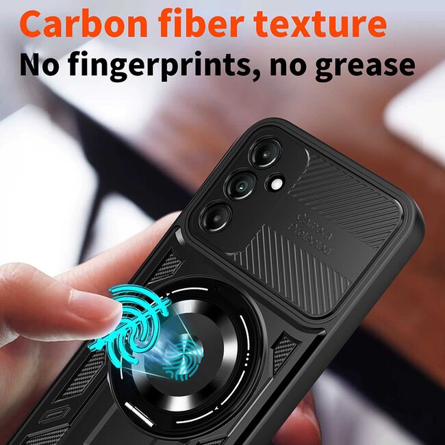 Husa pentru  Samsung Galaxy A14 4G, 5G TitanX HaloStand Pro cu Inel Pivotant Magnetic 360° & Kickstand, Textura Carbon, protectie lentile - Gri