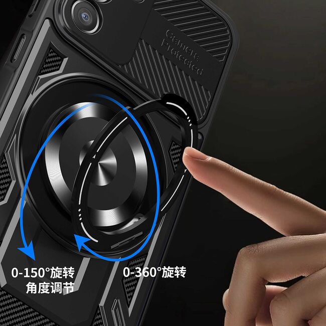 Husa pentru  Samsung Galaxy A14 4G, 5G TitanX HaloStand Pro cu Inel Pivotant Magnetic 360° & Kickstand, Textura Carbon, protectie lentile - Albastru