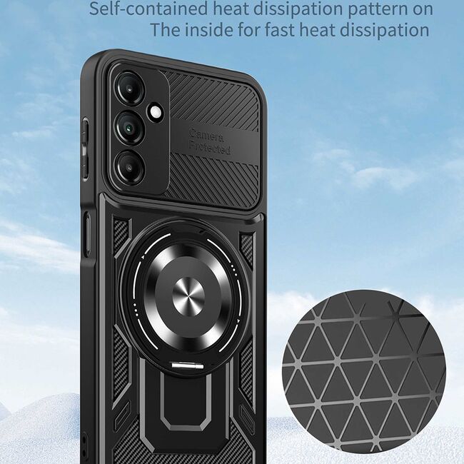 Husa pentru  Samsung Galaxy A14 4G, 5G TitanX HaloStand Pro cu Inel Pivotant Magnetic 360° & Kickstand, Textura Carbon, protectie lentile - Mov
