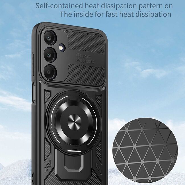 Husa pentru  Samsung Galaxy A25 TitanX HaloStand Pro cu Inel Pivotant Magnetic 360° & Kickstand, Textura Carbon, protectie lentile - Albastru