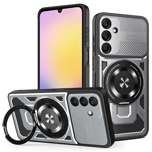 Husa pentru  Samsung Galaxy A25 TitanX HaloStand Pro cu Inel Pivotant Magnetic 360° & Kickstand, Textura Carbon, protectie lentile - Gri