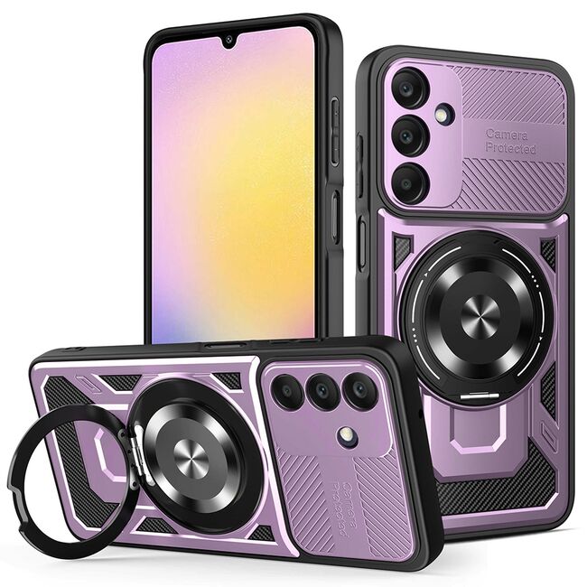 Husa pentru  Samsung Galaxy A25 TitanX HaloStand Pro cu Inel Pivotant Magnetic 360° & Kickstand, Textura Carbon, protectie lentile - Mov