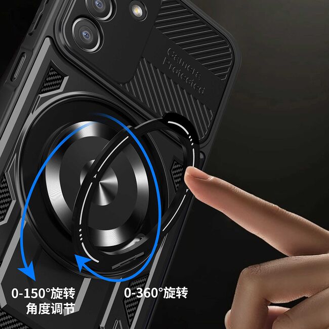 Husa pentru  Samsung Galaxy A25 TitanX HaloStand Pro cu Inel Pivotant Magnetic 360° & Kickstand, Textura Carbon, protectie lentile - Mov