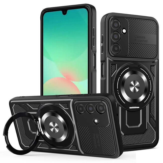 Husa pentru  Samsung Galaxy A26 TitanX HaloStand Pro cu Inel Pivotant Magnetic 360° & Kickstand, Textura Carbon, protectie lentile - Negru