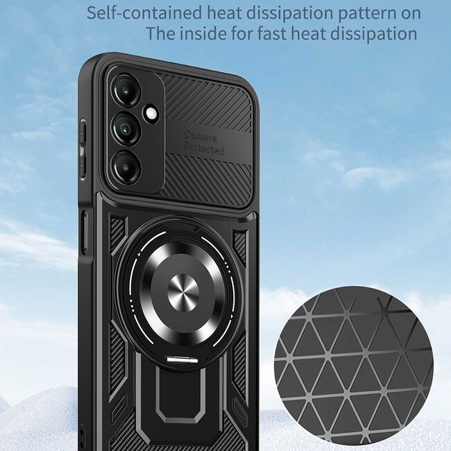 Husa pentru  Samsung Galaxy A26 TitanX HaloStand Pro cu Inel Pivotant Magnetic 360° & Kickstand, Textura Carbon, protectie lentile - Negru