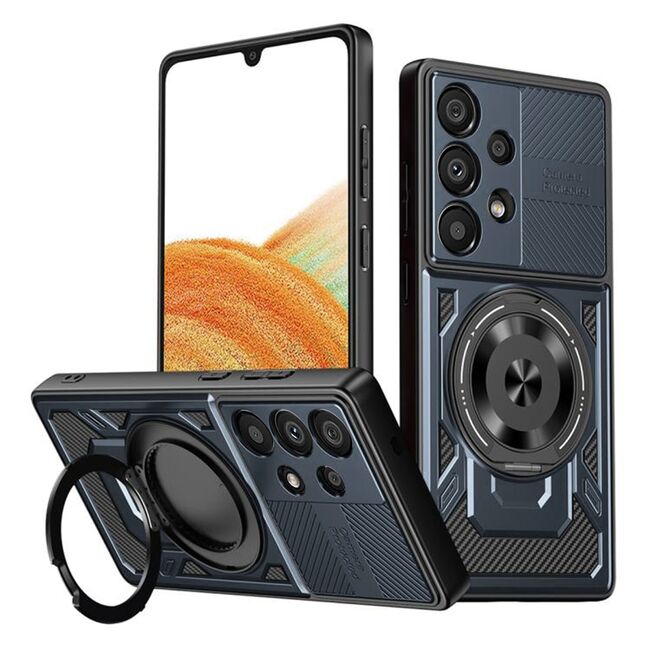 Husa pentru  Samsung Galaxy A33 5G TitanX HaloStand Pro cu Inel Pivotant Magnetic 360° & Kickstand, Textura Carbon, protectie lentile - Albastru