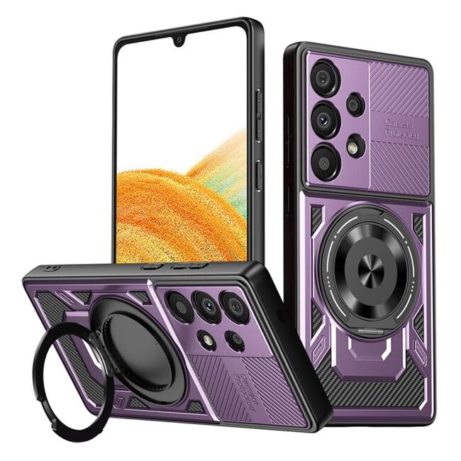 Husa pentru  Samsung Galaxy A33 5G TitanX HaloStand Pro cu Inel Pivotant Magnetic 360° & Kickstand, Textura Carbon, protectie lentile - Mov