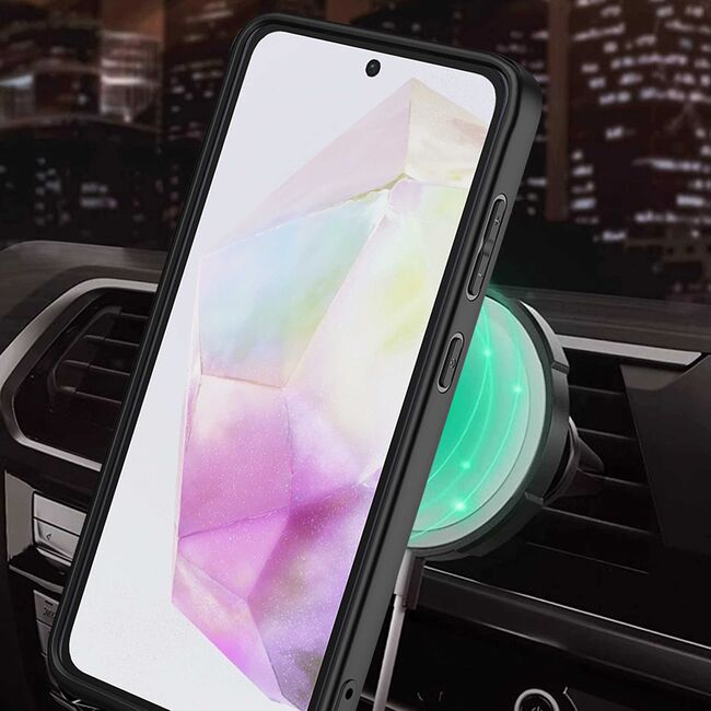 Husa pentru  Samsung Galaxy A35 TitanX HaloStand Pro cu Inel Pivotant Magnetic 360° & Kickstand, Textura Carbon, protectie lentile - Albastru