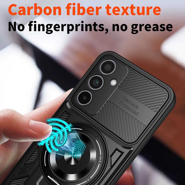 Husa pentru  Samsung Galaxy A35 TitanX HaloStand Pro cu Inel Pivotant Magnetic 360° & Kickstand, Textura Carbon, protectie lentile - Albastru