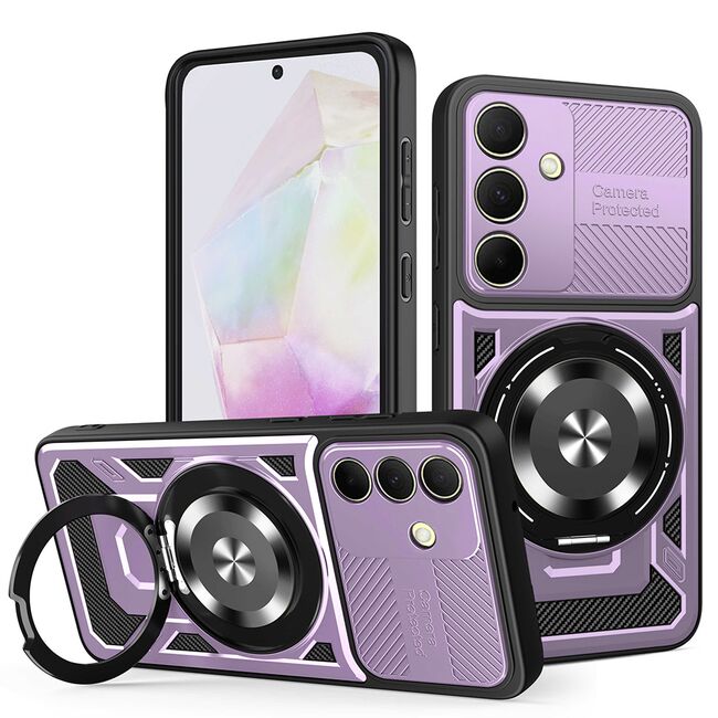 Husa pentru  Samsung Galaxy A35 TitanX HaloStand Pro cu Inel Pivotant Magnetic 360° & Kickstand, Textura Carbon, protectie lentile - Mov