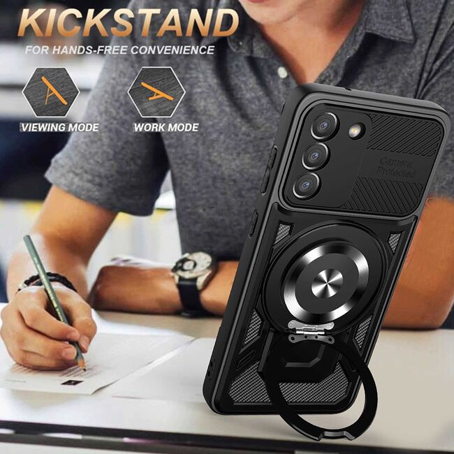 Husa pentru  Samsung Galaxy A35 TitanX HaloStand Pro cu Inel Pivotant Magnetic 360° & Kickstand, Textura Carbon, protectie lentile - Mov