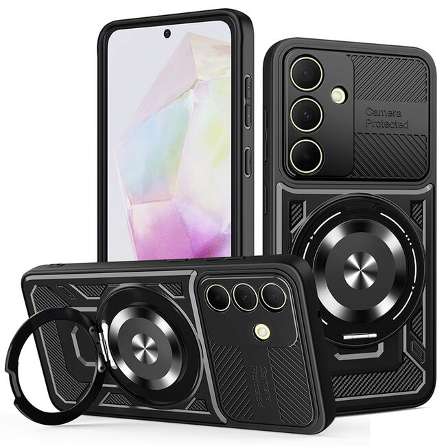 Husa pentru  Samsung Galaxy A35 TitanX HaloStand Pro cu Inel Pivotant Magnetic 360° & Kickstand, Textura Carbon, protectie lentile - Negru