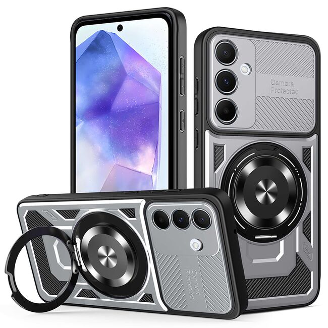 Husa pentru  Samsung Galaxy A55 TitanX HaloStand Pro cu Inel Pivotant Magnetic 360° & Kickstand, Textura Carbon, protectie lentile - Gri