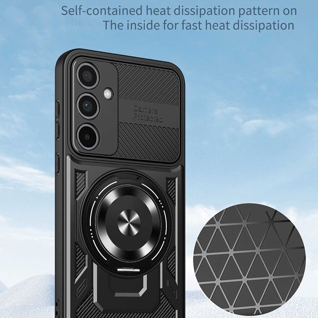 Husa pentru  Samsung Galaxy A55 TitanX HaloStand Pro cu Inel Pivotant Magnetic 360° & Kickstand, Textura Carbon, protectie lentile - Gri