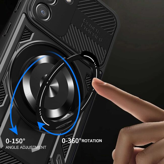 Husa pentru  Samsung Galaxy A55 TitanX HaloStand Pro cu Inel Pivotant Magnetic 360° & Kickstand, Textura Carbon, protectie lentile - Mov