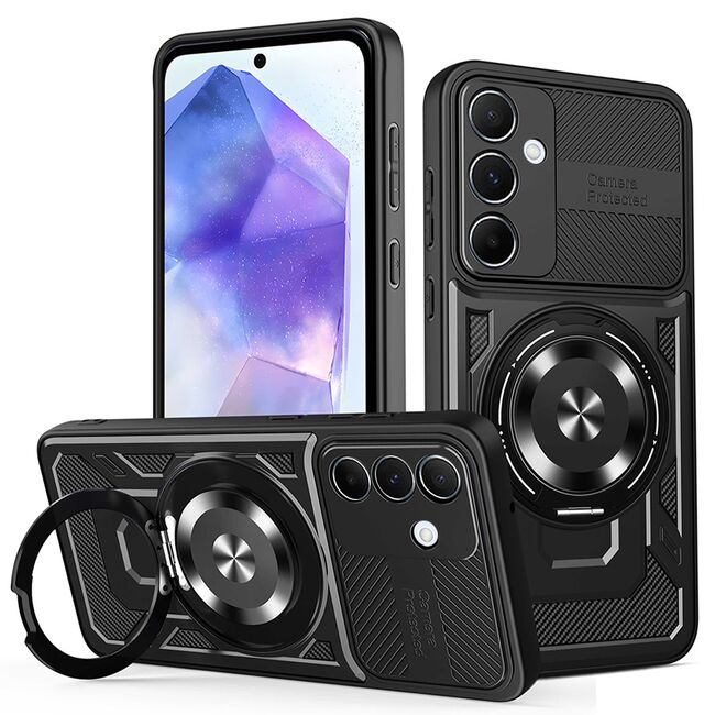 Husa pentru  Samsung Galaxy A55 TitanX HaloStand Pro cu Inel Pivotant Magnetic 360° & Kickstand, Textura Carbon, protectie lentile - Negru