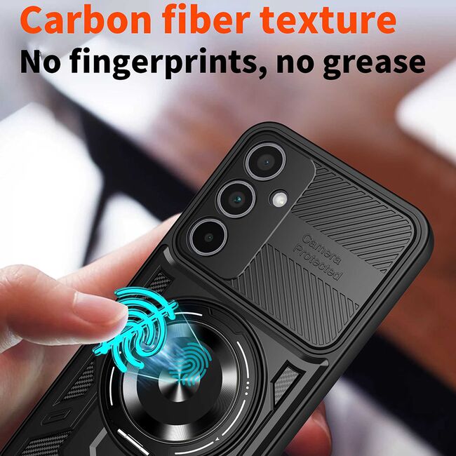 Husa pentru  Samsung Galaxy A56 / A36 TitanX HaloStand Pro cu Inel Pivotant Magnetic 360° & Kickstand, Textura Carbon, protectie lentile - Mov