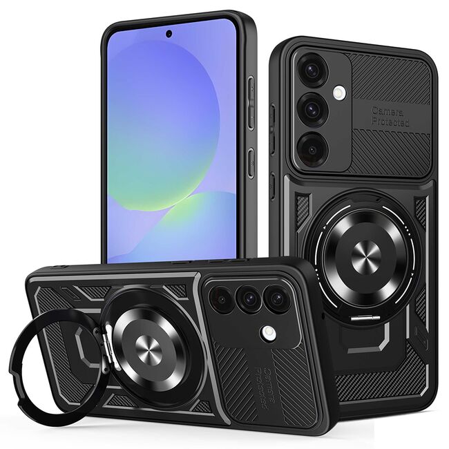 Husa pentru  Samsung Galaxy A56 / A36 TitanX HaloStand Pro cu Inel Pivotant Magnetic 360° & Kickstand, Textura Carbon, protectie lentile - Negru