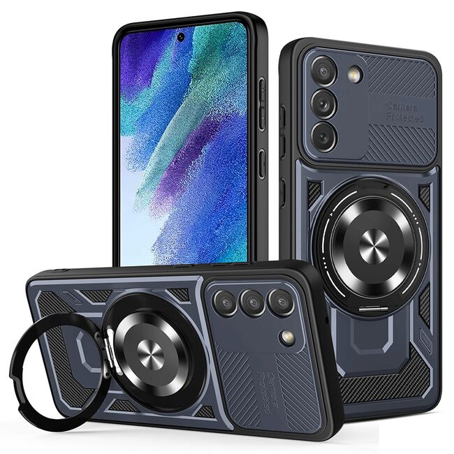 Husa pentru  Samsung Galaxy S21 FE TitanX HaloStand Pro cu Inel Pivotant Magnetic 360° & Kickstand, Textura Carbon, protectie lentile - Albastru