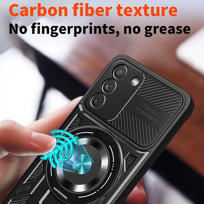 Husa pentru  Samsung Galaxy S21 FE TitanX HaloStand Pro cu Inel Pivotant Magnetic 360° & Kickstand, Textura Carbon, protectie lentile - Albastru