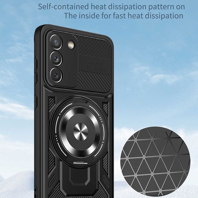 Husa pentru  Samsung Galaxy S21 FE TitanX HaloStand Pro cu Inel Pivotant Magnetic 360° & Kickstand, Textura Carbon, protectie lentile - Albastru